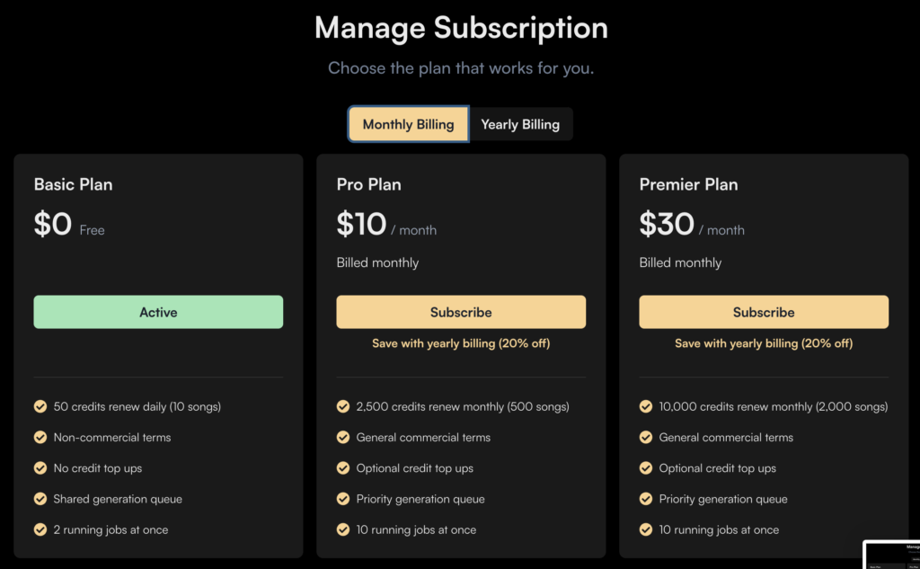 Suno Rate plan