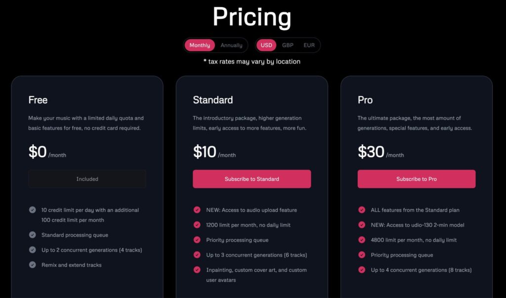 Udio Rate plan