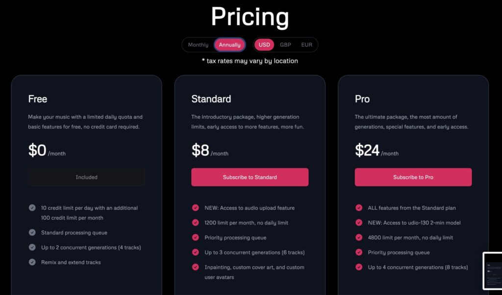 Udio Rate plan